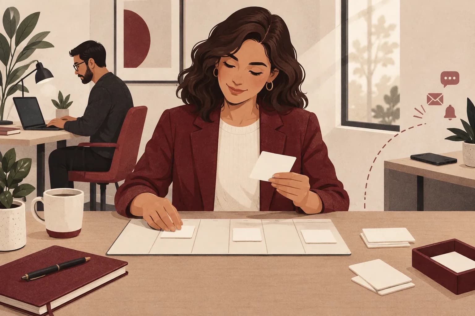 Toplantı kartlarını planlayan ekip lideri, ayrı masada odaklanarak çalışan bir ekip arkadaşı ve kenara bırakılmış telefon illüstrasyonu