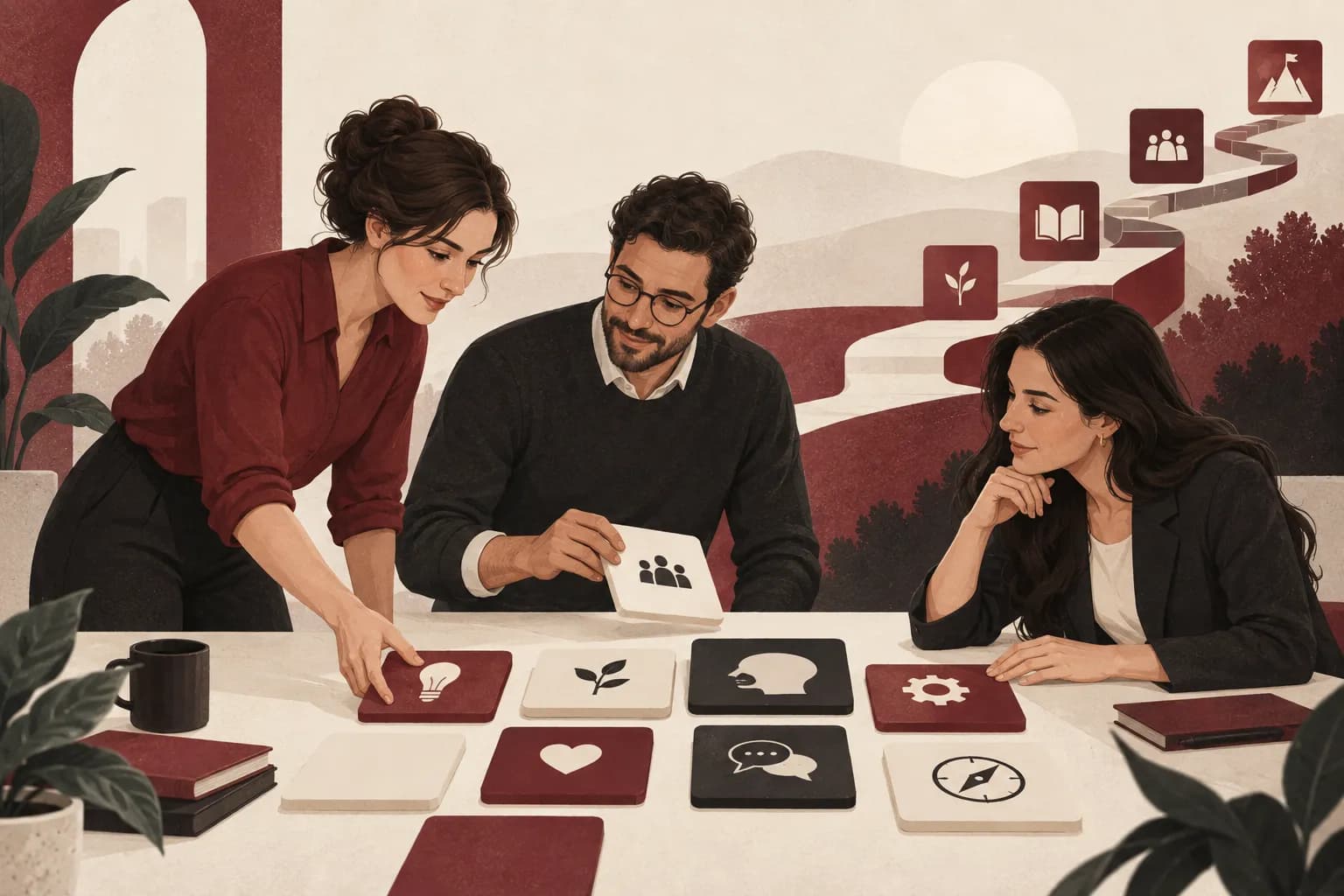 Beceri kartlarını birlikte değerlendiren üç çalışma arkadaşı ve gelişim yolunu temsil eden basamaklar